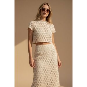 Charter Club Cream Women's Size 12 Crochet‎ Midi Skirt Lace Overlay Sheer